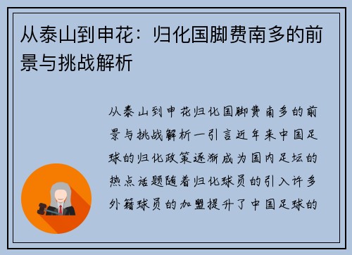 从泰山到申花：归化国脚费南多的前景与挑战解析