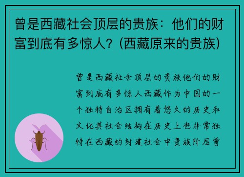 曾是西藏社会顶层的贵族：他们的财富到底有多惊人？(西藏原来的贵族)