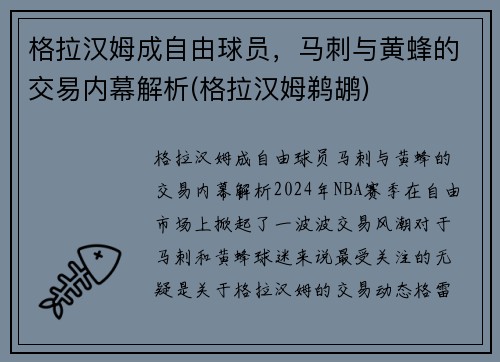 格拉汉姆成自由球员，马刺与黄蜂的交易内幕解析(格拉汉姆鹈鹕)